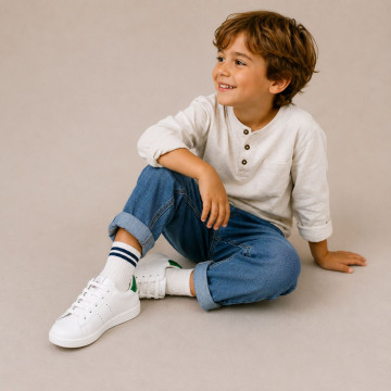 Washable Nappa leather Fashion OKAA kids School tennis shoes with laces.