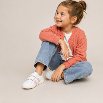 Washable leather OKAA kids School tennis shoes laceless, stripes design and reinforced toe cap.