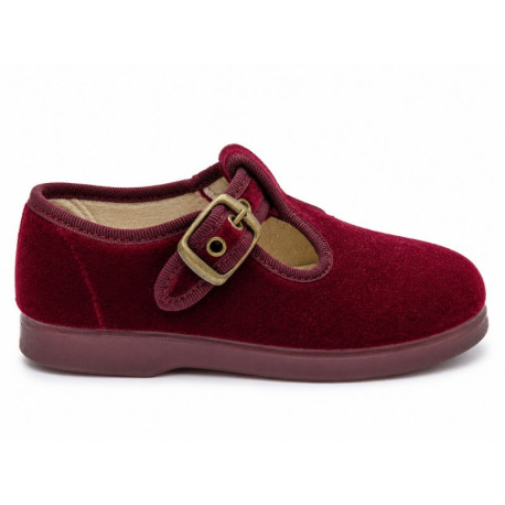 Burgundy Velvet T-Strap Shoes for Kids with Buckle – Made in Spain