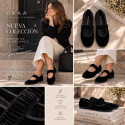 Women’s Black Velvet Mary Jane Flats with Ruched Elastic Strap