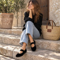 Women’s Black Velvet Mary Jane Flats with Ruched Elastic Strap