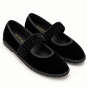 Women’s Black Velvet Mary Jane Flats with Ruched Elastic Strap