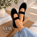 Women’s Black Velvet Mary Jane Flats with Ruched Elastic Strap