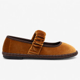 Women’s Cognac Velvet Mary Jane Flats with Ruched Elastic Strap