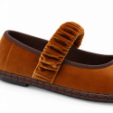 Women’s Cognac Velvet Mary Jane Flats with Ruched Elastic Strap