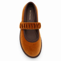 Women’s Cognac Velvet Mary Jane Flats with Ruched Elastic Strap