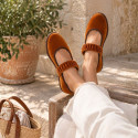 Women’s Cognac Velvet Mary Jane Flats with Ruched Elastic Strap