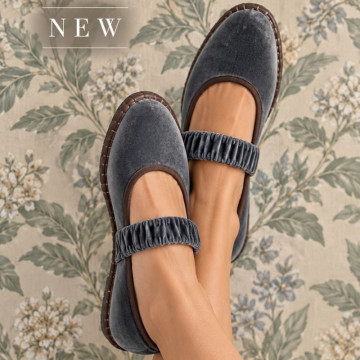 Women’s Cognac Velvet Mary Jane Flats with Ruched Elastic Strap