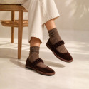 Women’s Brown Velvet Mary Jane Flats with Ruched Elastic Strap