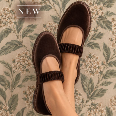 Women’s Brown Velvet Mary Jane Flats with Ruched Elastic Strap