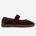 Women’s Brown Velvet Mary Jane Flats with Ruched Elastic Strap