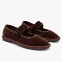 Women’s Brown Velvet Mary Jane Flats with Ruched Elastic Strap