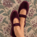Women’s Cognac Velvet Mary Jane Flats with Ruched Elastic Strap