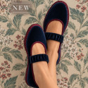 Women’s Cognac Velvet Mary Jane Flats with Ruched Elastic Strap