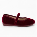 Burgundy Velvet Mary Jane Shoes with Hook-and-Loop Fastening | Made in Spain