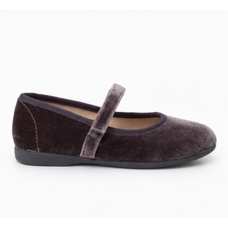Grey Velvet Mary Jane Shoes with Hook-and-Loop Fastening | Made in Spain