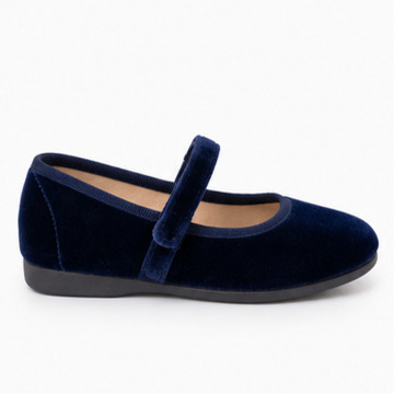 Navy Velvet Mary Jane Shoes with Hook-and-Loop Fastening | Made in Spain