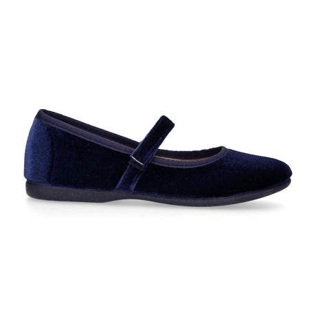 Navy Velvet Mary Jane Shoes with Hook-and-Loop Fastening | Made in Spain