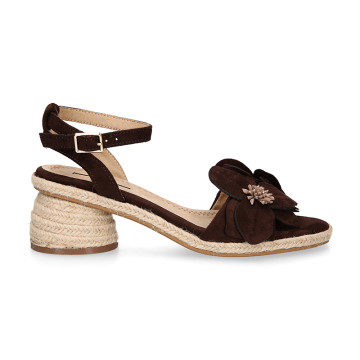 Chocolate suede-effect flower heel sandals