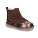 Combined leather kids ankle boots with elastic band and thick outsole.