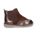 Combined leather kids ankle boots with elastic band and thick outsole.