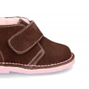 Suede leather kids Safari boots laceless and fake hair lining.