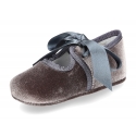 Velvet little Mary Janes for babies with ties closure.