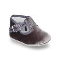 Velvet canvas T-Strap shoes for babies with hook and loop strap.