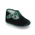 Velvet canvas T-Strap shoes for babies with hook and loop strap.