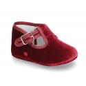 Velvet canvas T-Strap shoes for babies with hook and loop strap.