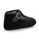 Velvet canvas T-Strap shoes for babies with hook and loop strap.