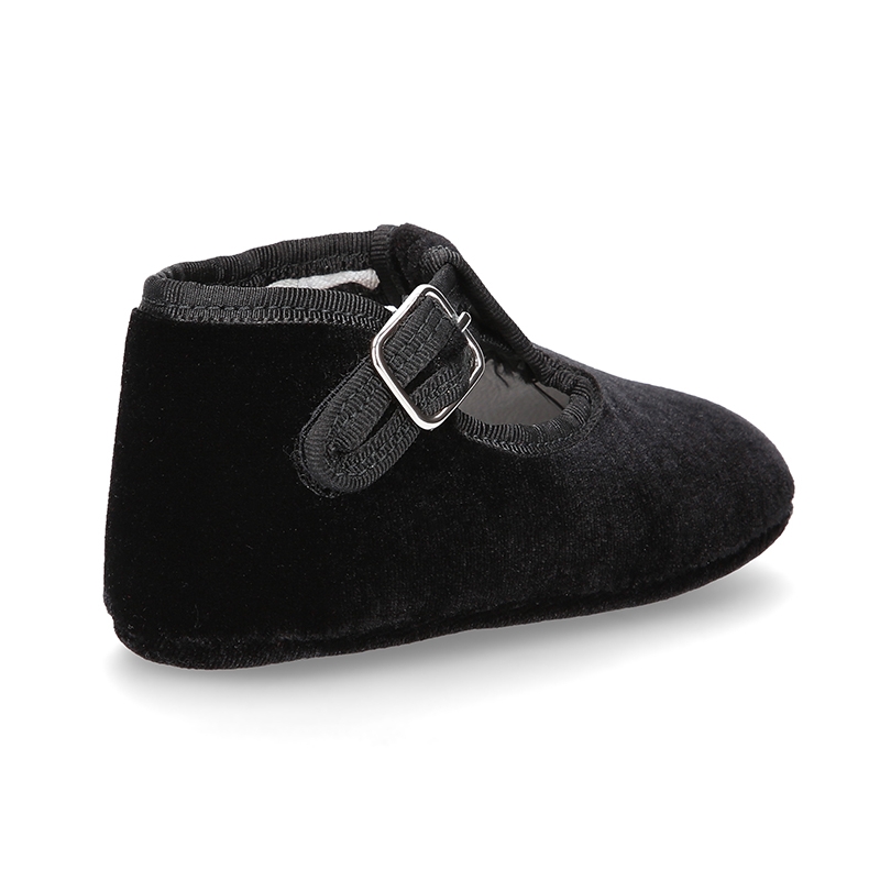 Velvet canvas T-Strap shoes for babies with hook and loop strap. CH028