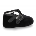 Velvet canvas T-Strap shoes for babies with hook and loop strap.