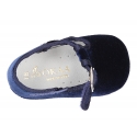 Velvet canvas T-Strap shoes for babies with hook and loop strap.